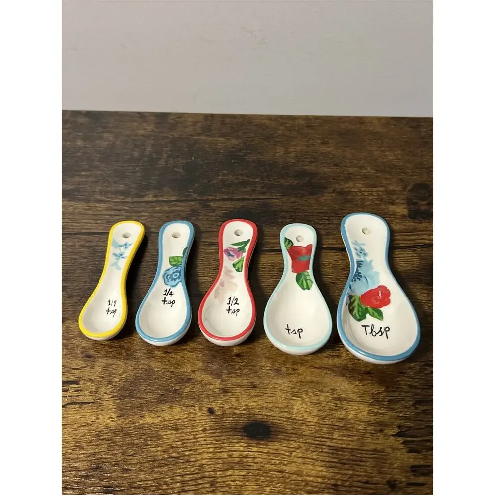 Anthropologie Molly Hatch Measuring Spoons Flowers Ceramic Set 5 Red Blue Yellow